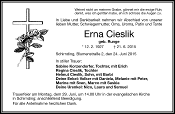 Traueranzeige von Erna Cieslik von Frankenpost