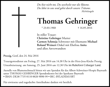 Traueranzeige von Thomas Gehringer von Neue Presse Coburg