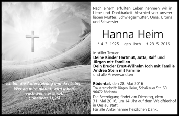 Traueranzeige von Hanna Heim von Neue Presse Coburg