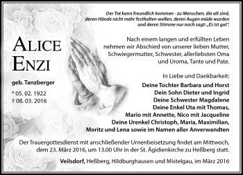 Traueranzeige von Alice Enzi von Südthüringer Presse