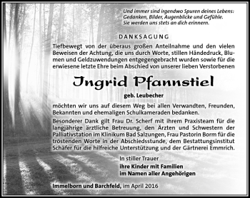 Traueranzeige von Ingrid Pfannstiel von Südthüringer Presse
