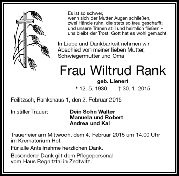Traueranzeige von Wiltrud Rank von Frankenpost