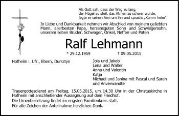 Traueranzeige von Ralf Lehmann von Neue Presse Coburg