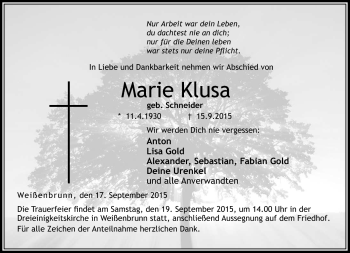 Traueranzeige von Marie Klusa von Neue Presse Coburg
