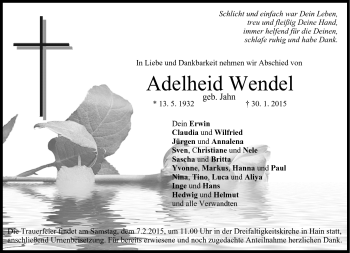Traueranzeige von Adelheid Wendel von Neue Presse Coburg