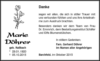 Traueranzeige von Marie Döhrer von Südthüringer Presse