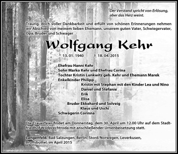 Traueranzeige von Wolfgang Kehr von Südthüringer Presse
