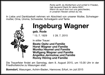 Traueranzeige von Ingeburg Wagner von Südthüringer Presse