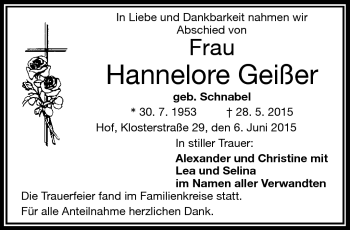 Traueranzeige von Hannelore Geißer von Frankenpost