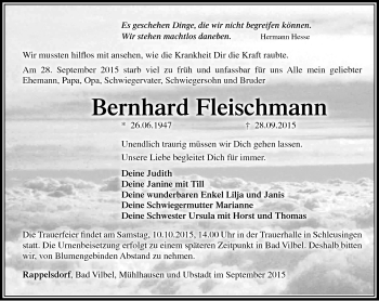 Traueranzeige von Bernhard Fleischmann von Südthüringer Presse