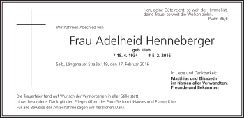 Traueranzeige von Adelheid Henneberger von Frankenpost