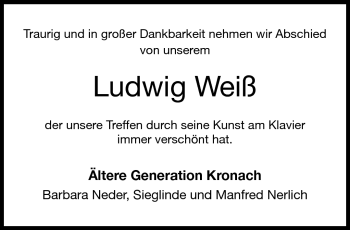 Traueranzeige von Ludwig Weiß von Neue Presse Coburg