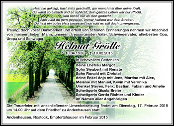 Traueranzeige von Helmut Grölle von Südthüringer Presse