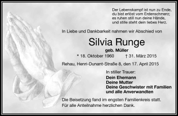 Traueranzeige von Silvia Runge von Frankenpost