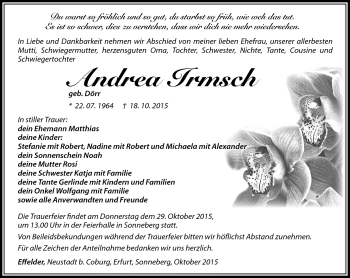 Traueranzeige von Andrea Irmsch von Südthüringer Presse