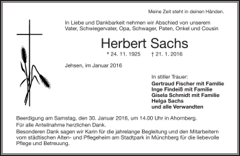 Traueranzeige von Herbert Sachs von Frankenpost