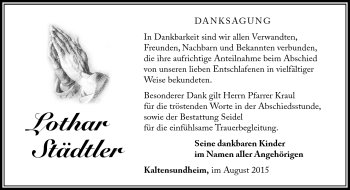 Traueranzeige von Lothar Städtler von Südthüringer Presse