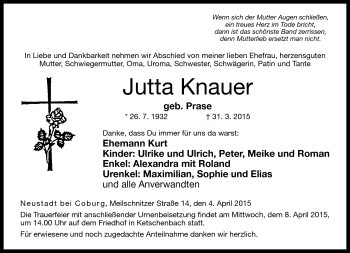 Traueranzeige von Jutta Knauer von Neue Presse Coburg