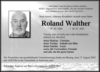 Traueranzeige von Roland Walther von Südthüringer Presse