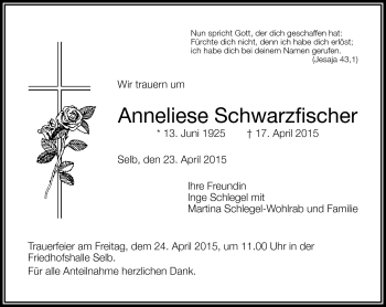 Traueranzeige von Anneliese Schwarzfischer von Frankenpost