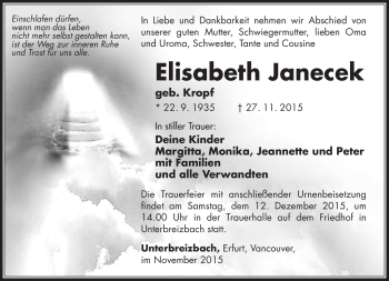 Traueranzeige von Elisabeth Janecek von Südthüringer Presse