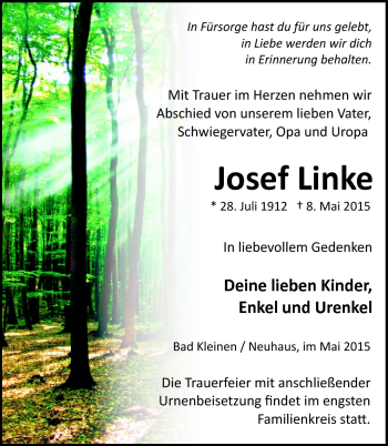 Traueranzeige von Josef Linke von Südthüringer Presse