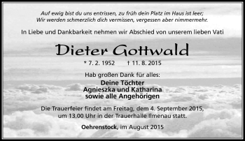Traueranzeige von Dieter Gottwald von Südthüringer Presse