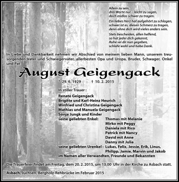 Traueranzeige von August Geigengack von Südthüringer Presse