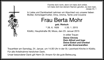 Traueranzeige von Berta Mohr von Frankenpost