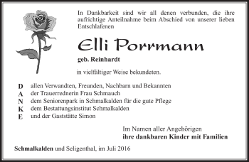 Traueranzeige von Elli Porrmann von Südthüringer Presse