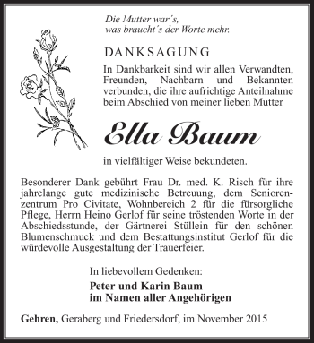 Traueranzeige von Ella Baum von Südthüringer Presse
