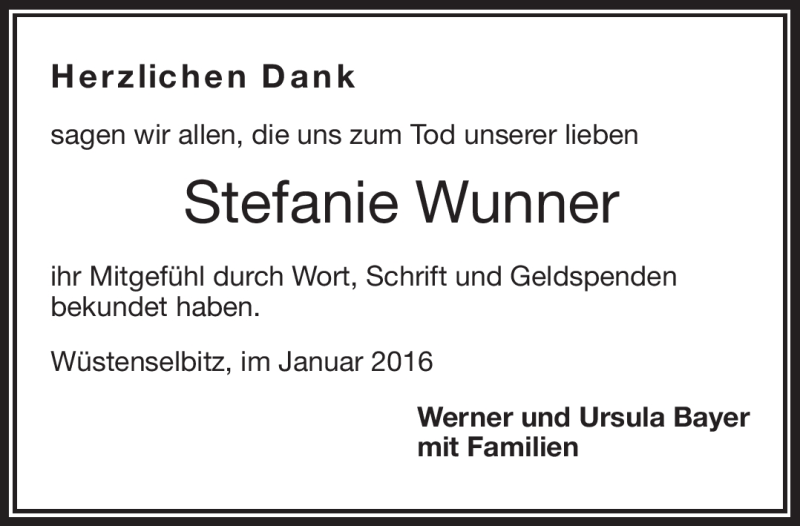  Traueranzeige für Stefanie Wunner vom 26.01.2016 aus Frankenpost