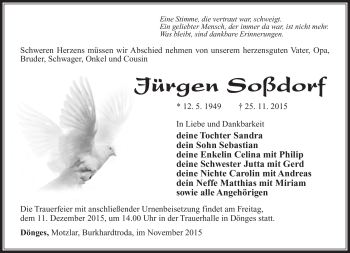 Traueranzeige von Jürgen Soßdorf von Südthüringer Presse