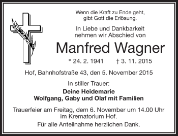 Traueranzeige von Manfred Wagner von Frankenpost