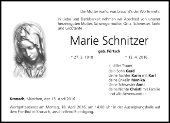 Traueranzeige von Marie Schnitzer von Neue Presse Coburg