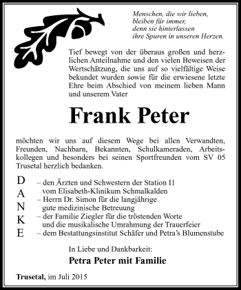 Traueranzeige von Frank Peter von Südthüringer Presse