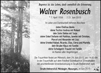 Traueranzeige von Walter Rosenbusch von Südthüringer Presse