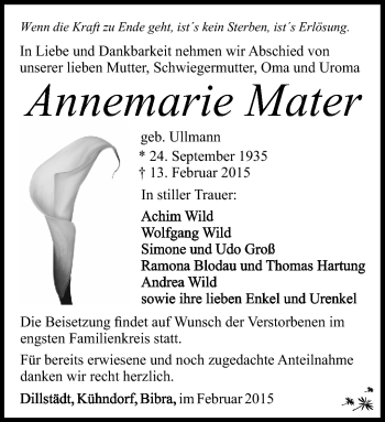 Traueranzeige von Annemarie Mater von Südthüringer Presse