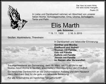Traueranzeige von Elis Marth von Frankenpost