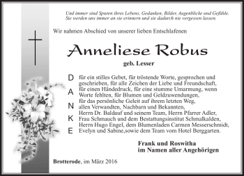 Traueranzeige von Anneliese Robus von Südthüringer Presse