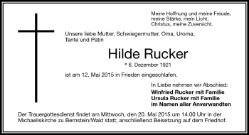 Traueranzeige von Hilde Rucker von Frankenpost