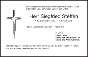 Traueranzeige von Siegfried Steffen von Frankenpost