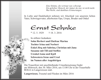 Traueranzeige von Ernst Sehnke von Südthüringer Presse
