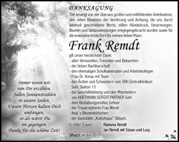 Traueranzeige von Frank Remdt von Südthüringer Presse