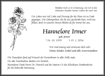 Traueranzeige von Hannelore Irmer von Frankenpost