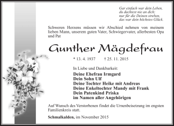 Traueranzeige von Gunther Mägdefrau von Südthüringer Presse