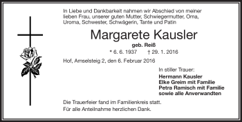 Traueranzeige von Margarete Kausler von Frankenpost