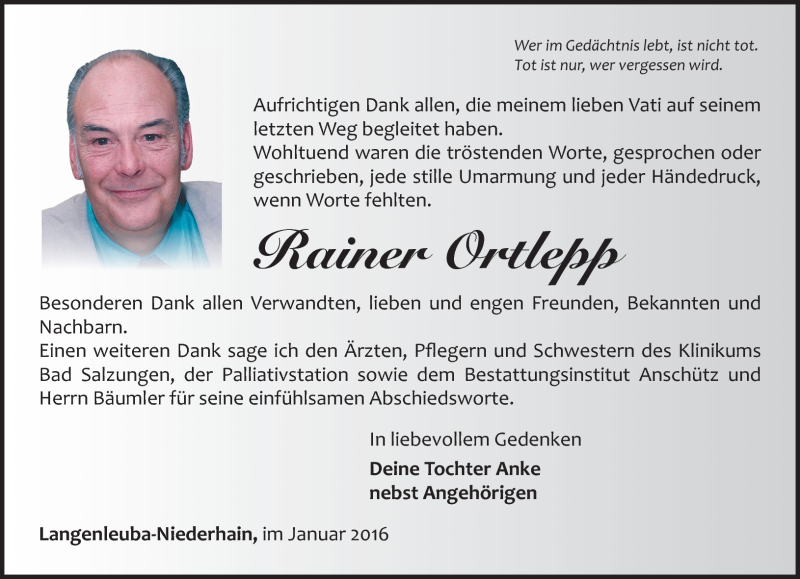  Traueranzeige für Rainer Ortlepp vom 23.01.2016 aus Südthüringer Presse