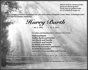 Traueranzeige von Harry Barth von Südthüringer Presse
