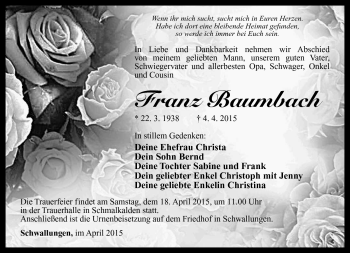 Traueranzeige von Franz Baumbach von Südthüringer Presse
